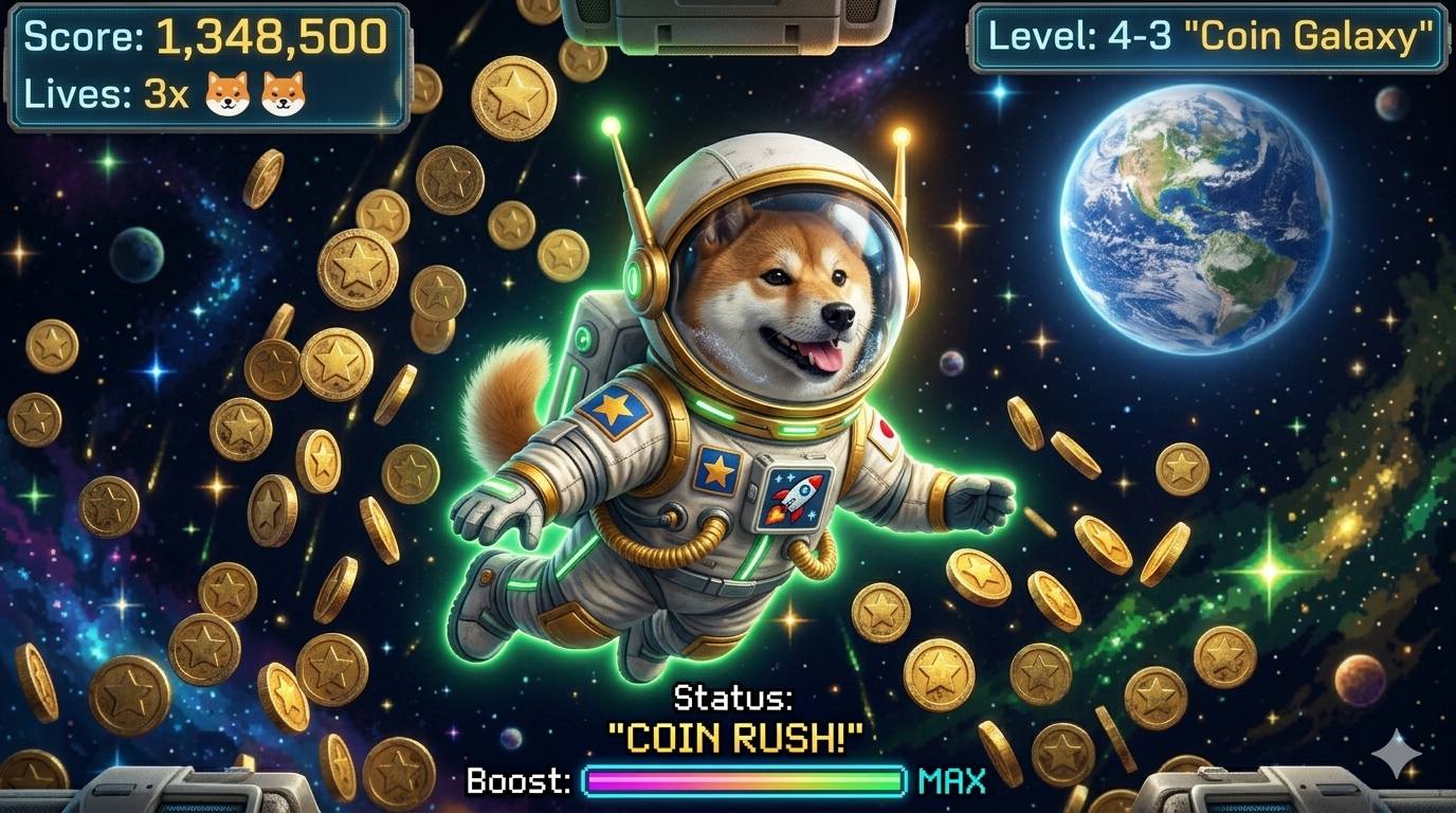 HODL Dog — astronaut dog collecting gold coins in space, score 1,348,500